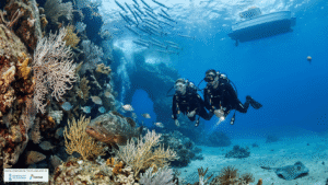 Buceo en la costa blanca norte: buceadores explorando fondos rocosos con gorgonias, mero y banco de barracudas en la Costa Blanca Norte