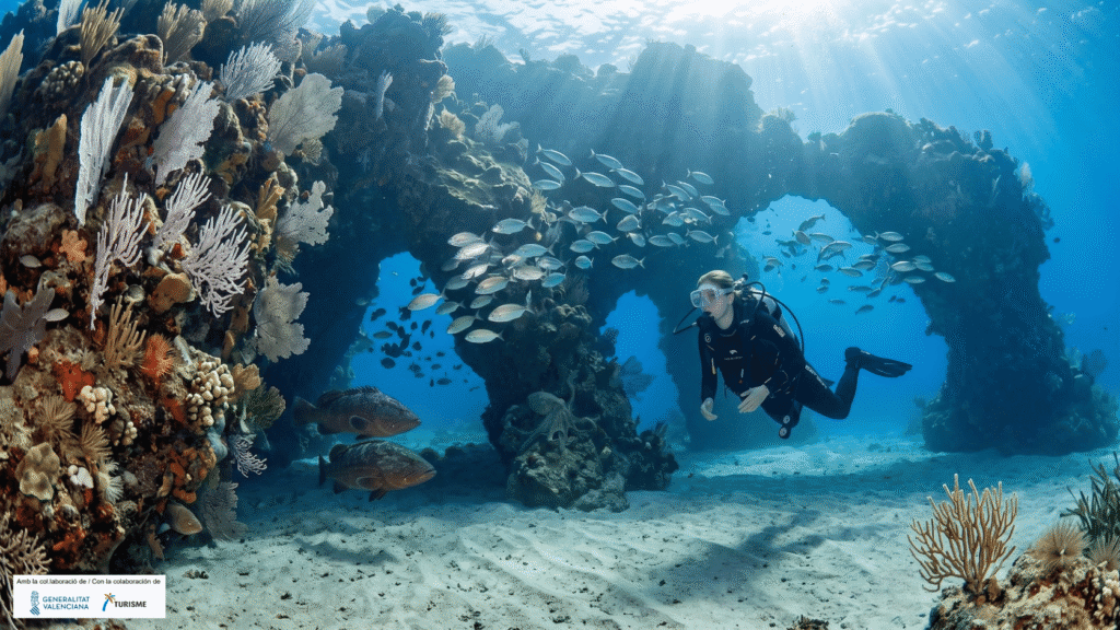Buceo en Calpe es explorar los arcos submarinos del Peñón de Ifach en Calpe con gorgonias y banco de sargos