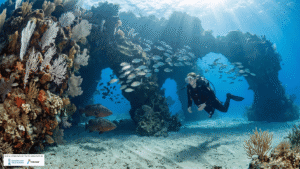 Buceo en Calpe es explorar los arcos submarinos del Peñón de Ifach en Calpe con gorgonias y banco de sargos