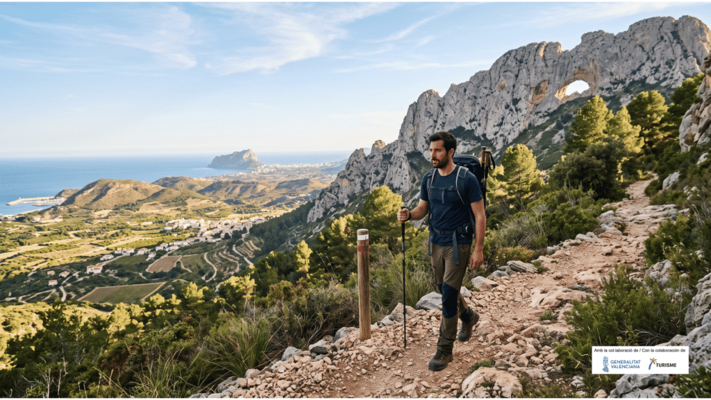 Senderista en un sendero de la Sierra de Bernia con el Peñón de Ifach y el Mediterráneo al fondo