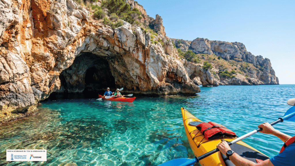 Kayak explorando una cueva marina con aguas turquesas junto a acantilados en la Costa Blanca Norte