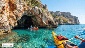 Kayak explorando una cueva marina con aguas turquesas junto a acantilados en la Costa Blanca Norte