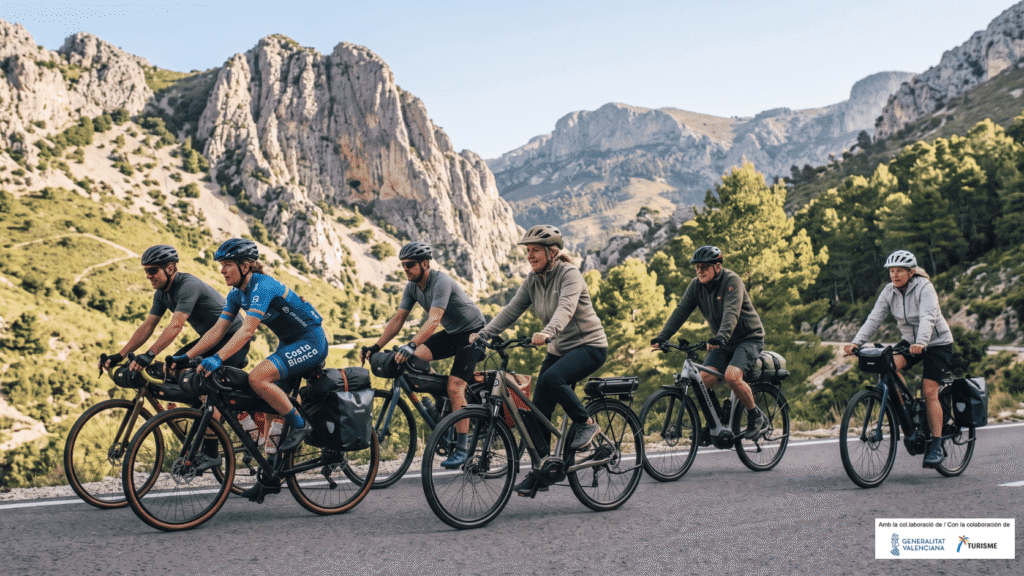 Cicloturismo para principiantes: grupo mixto de ciclistas y usuarios de bicicleta eléctrica rodando juntos por carretera de montaña en la Costa Blanca Norte